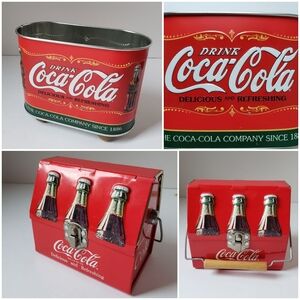 Lot of 2 Vintage Metal Tin Coca-Cola Salt & Pepper Shaker Carrier & Lunch Box